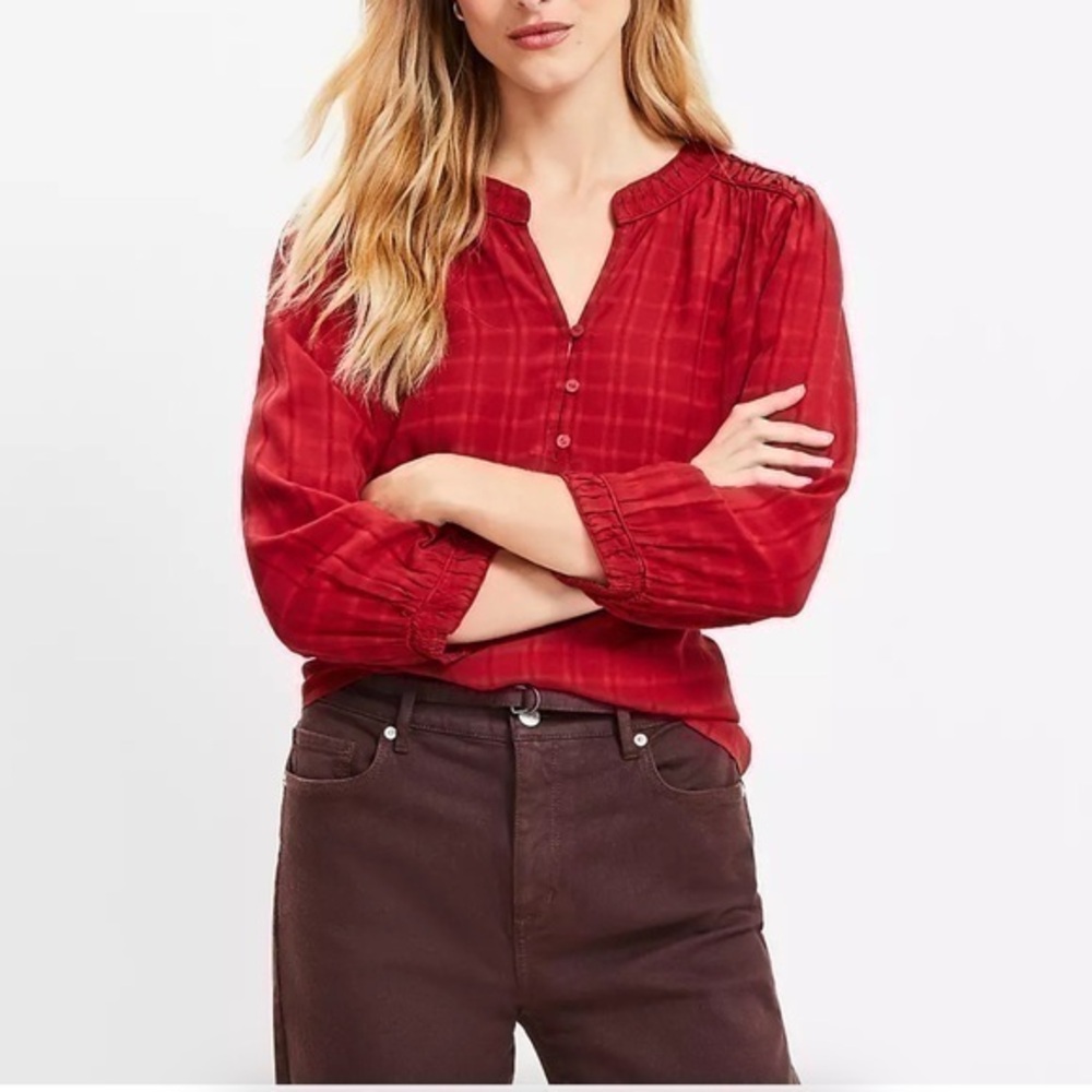 Loft Dobby Stripe Ruched Shoulder Blouse Women Size Small Red